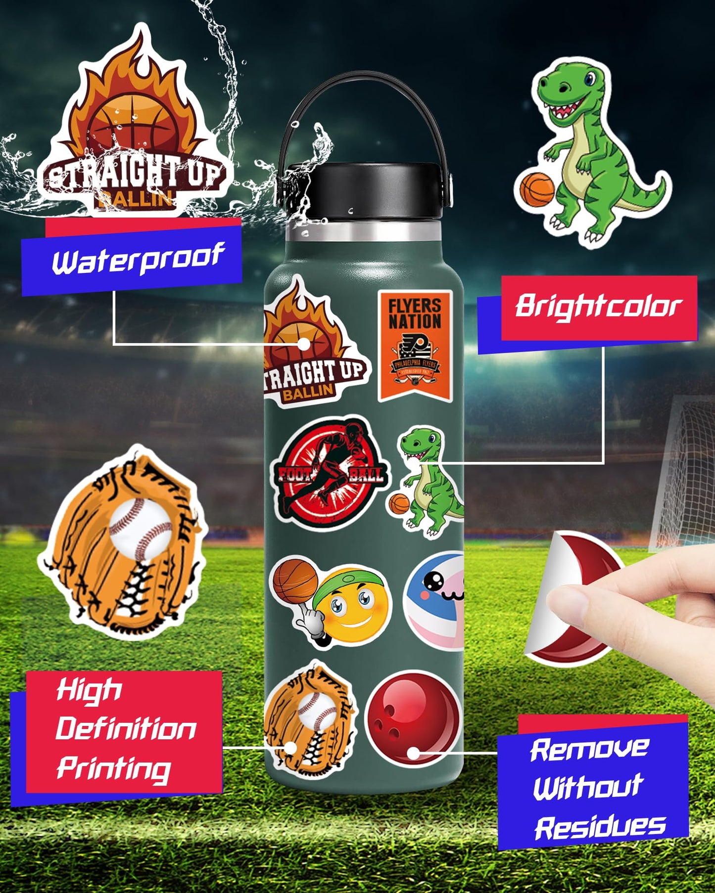 pcnearty 300 Pcs Sport Stickers for Kids, Sport Water Bottle Stickers, Vinyl Waterproof Laptop Sticker for Water Bottle, Bulk Sticker Packs for Boys Kids Classroom Prizes for Elementary Students