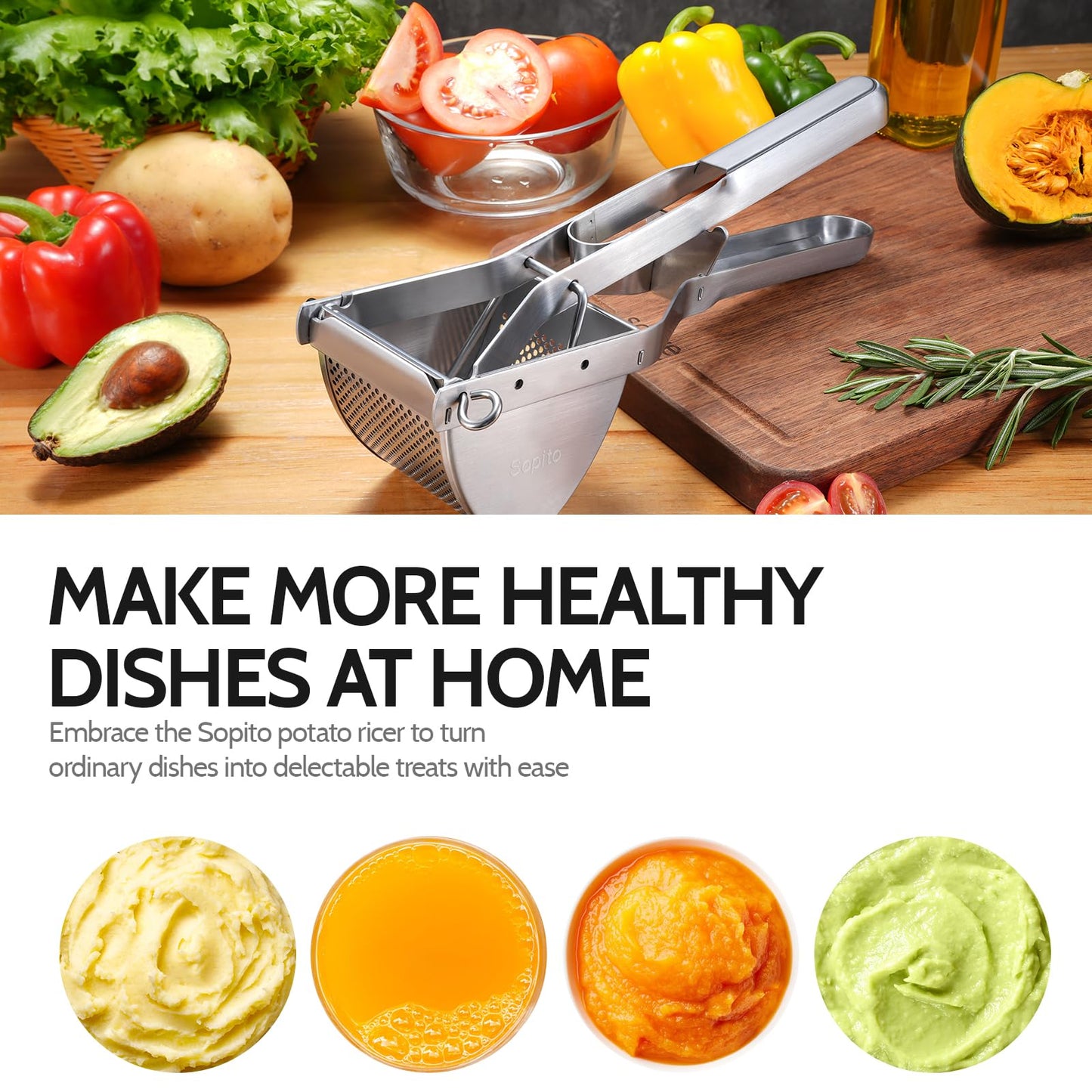 Potato Ricer, Sopito Stainless Steel Potato Masher for Commercial and Home Use