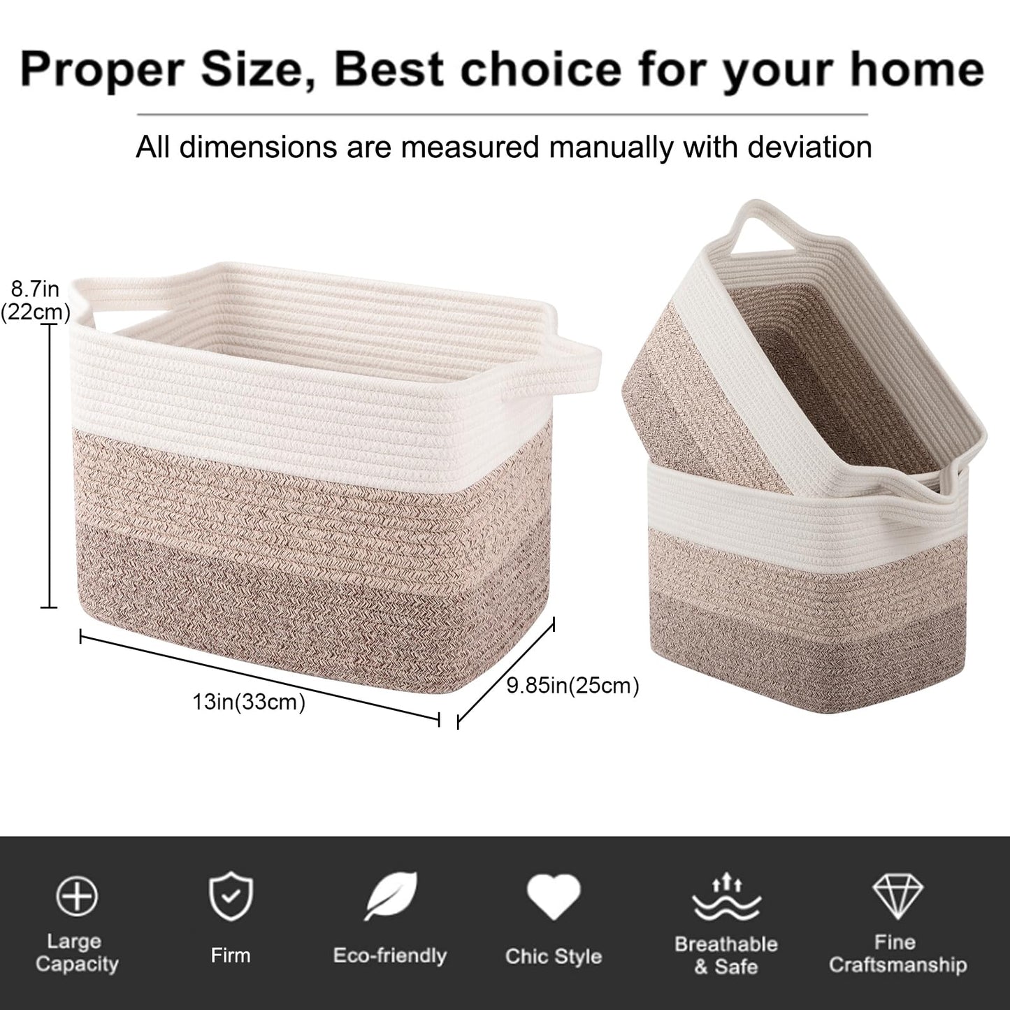 OIAHOMY Storage Basket, Woven Baskets for Storage, Cotton Rope Basket for toys,Towel Baskets for Bathroom - Pack of 3, Gradient Yellow