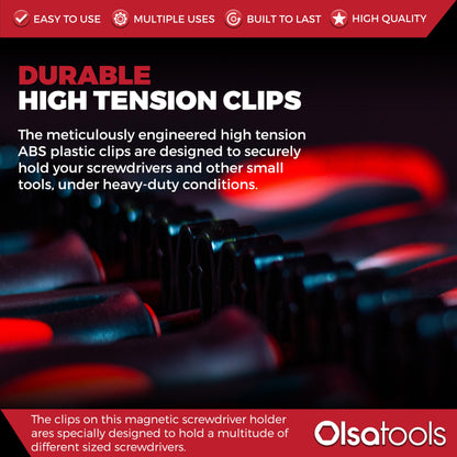 Olsa Tools Magnetic Screwdriver Organizer - Screwdriver Holder with Strong Magnets and Foam Backing - Professional Tool Holder and Tool Organizer - Stores up to 16 Screwdrivers - Blue - Part: 1114