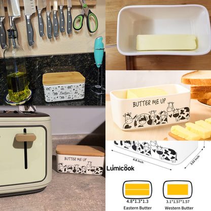 Lumicook Porcelain Butter Dish with Lid, Natural Bamboo Lid, Seal, Cow Butter Holder, Easily Fits 2 Sticks of Butter (Butter me up)