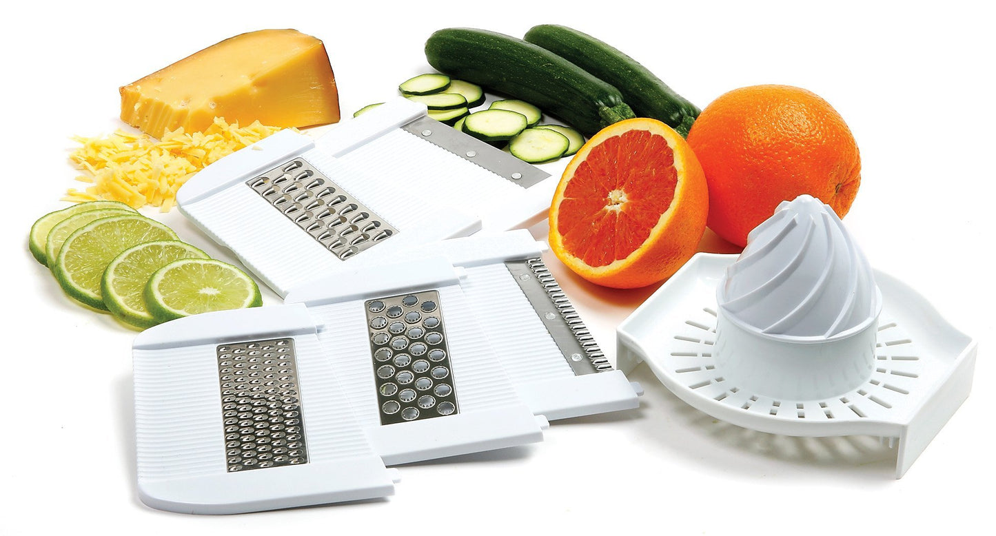 Norpro Deluxe Mandoline Slicer, Grater, Shredder, Julienne and Juicer w/ Safety Guard White