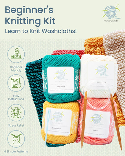 mindfulknits Knitting Starter Kit for Beginners with Knitting Needles, Yarn Needle & 100% Cotton Knitting Yarn (4) – Make Washcloths- Tropical Knitting Kit for Kids Relaxation & Stress Relief