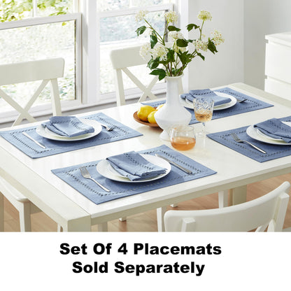 Newbridge Rectangle Fabric Placemats, Set of 4 Placemats, Provence Lattice Cutwork Solid Color Textured, Water and Stain Resistant Easy Care, Wedgewood Blue