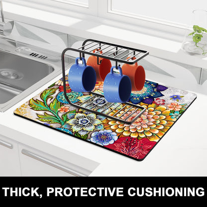 Rnivvi Dish Drying Mat for Kitchen Counter, 16 x 18" Cute Flower Theme Absorbent Heat Resistant Drying Pad with Non-slip Rubber, Coffee Bar Mats for Coffee Machine Dish Rack, Mandala Floral