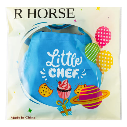 R HORSE 2 Pcs Kid Apron and Chef Hat Set, Adjustable Children Blue Kitchen Apron Cooking Baking Painting and Training Kits Dress up Role Play Chef Toy Kid Funny Cooking Gift New Year