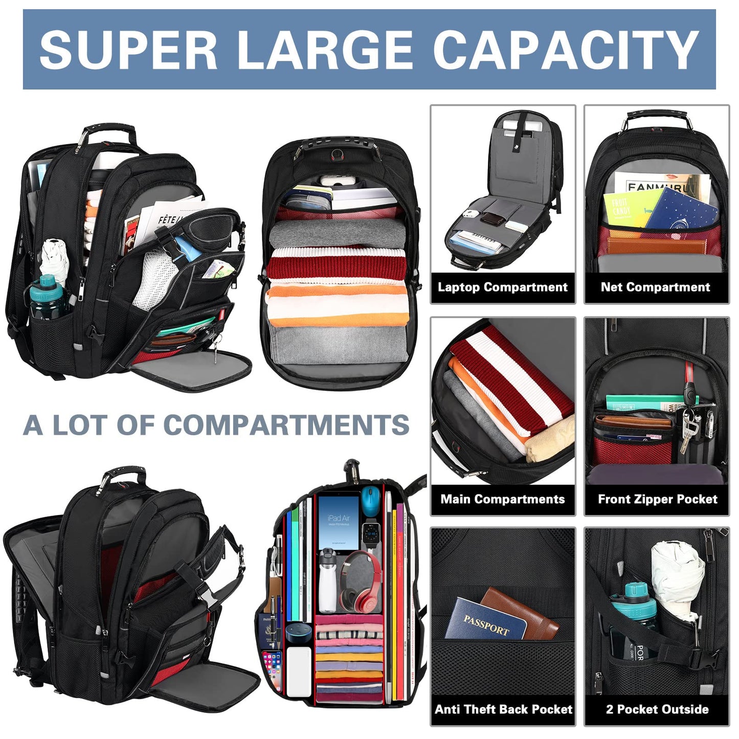 18.4 Laptop Backpack for Men, 60L Extra Large Gaming Laptops Backpack with USB Charger Port,TSA Friendly Flight Approved RFID Anti-Theft Pocket Heavy Duty Computer Bag Backbag,21.2*15.5*11.5 inch Grey