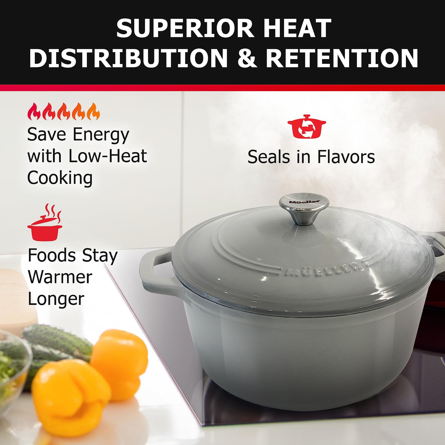 Mueller 6 Quart Enameled Cast Iron Dutch Oven, Heavy-Duty Casserole and Braiser Pan with Lid and Knob, Safe for All Cooktops