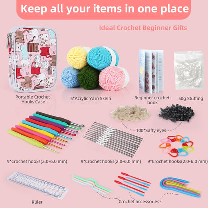 Katech Beginner Yarn for Crocheting and Knitting-Crochet Kit for Beginners Adults Kids Professionals-Crocheting Animals Kits-Includes 382 Yards Cotton Yarn Balls, Hooks, Accessories, Tutorials