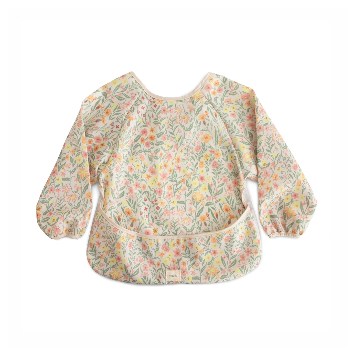 mushie Long Sleeve Baby Bib | Water Resistant Adjustable Fit for Ages 6-24 Months (Pastel Blooms)