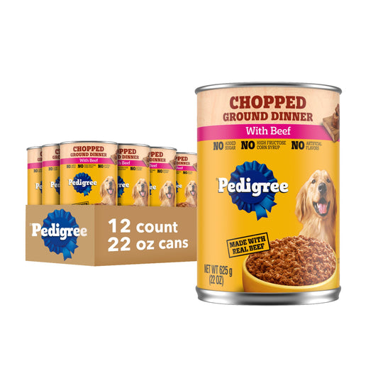 Pedigree Chopped Ground Dinner Adult Canned Soft Wet Dog Food Beef Flavor, 22 oz. Cans (12 Count, Pack of 1)