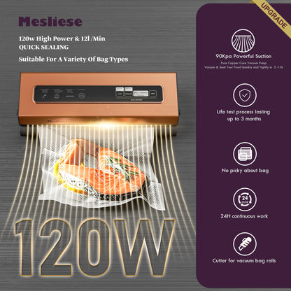 Mesliese Vacuum Sealer Machine Powerful 90Kpa Precision 6-in-1 Compact Vacuum Food Preservation System Built-in Cutter, 2 Bag Rolls & 5 Pre-cut Bags, Dry&Moist Modes Smart Suction, ETL Listed (Copper)