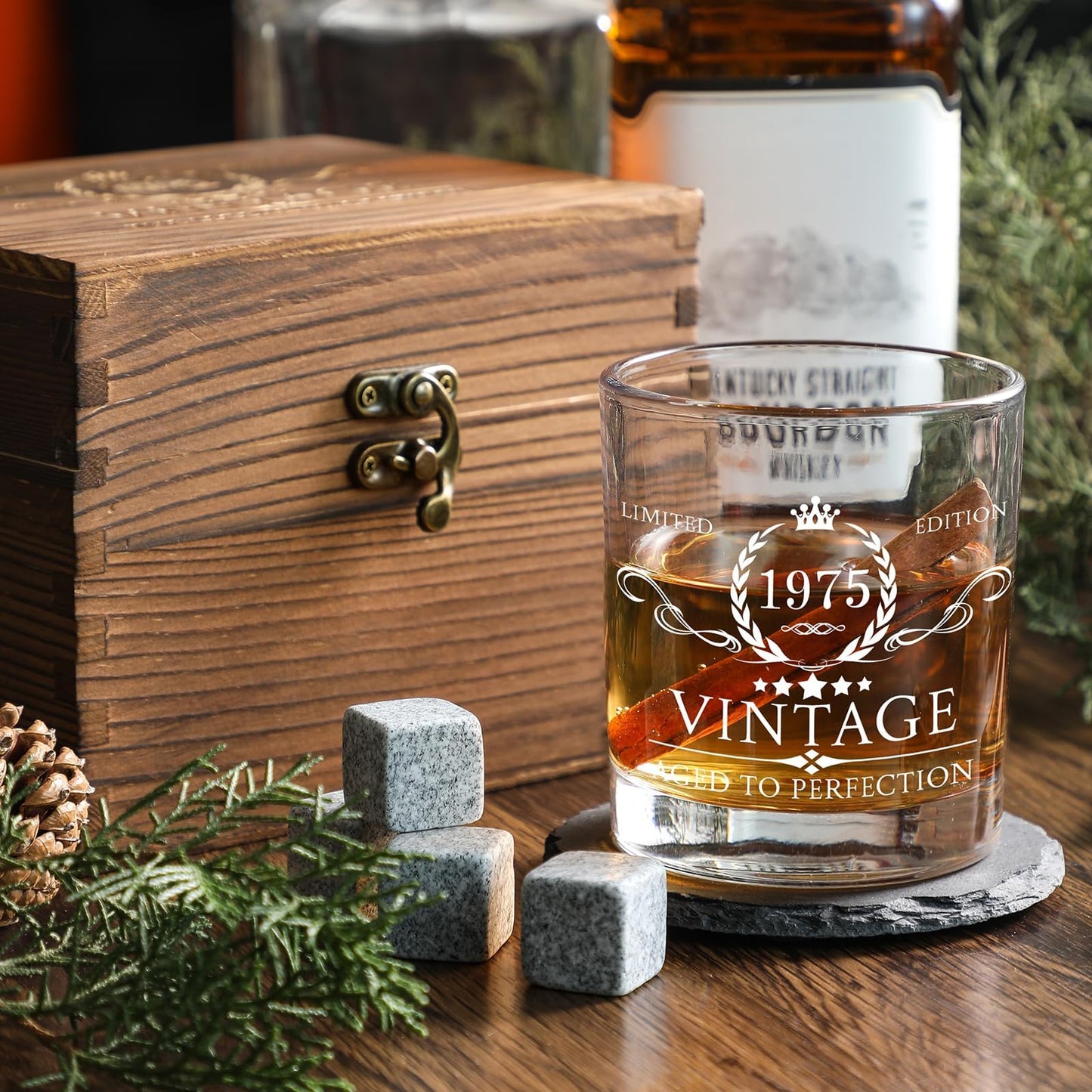 50th Birthday Gifts for Men Whiskey Glass Set - 50th Birthday Decorations, Party Supplies - 50 Year Anniversary, Bday Gifts Ideas for Him, Dad, Husband, Friends - Wood Box & Whiskey Stones & Coaster