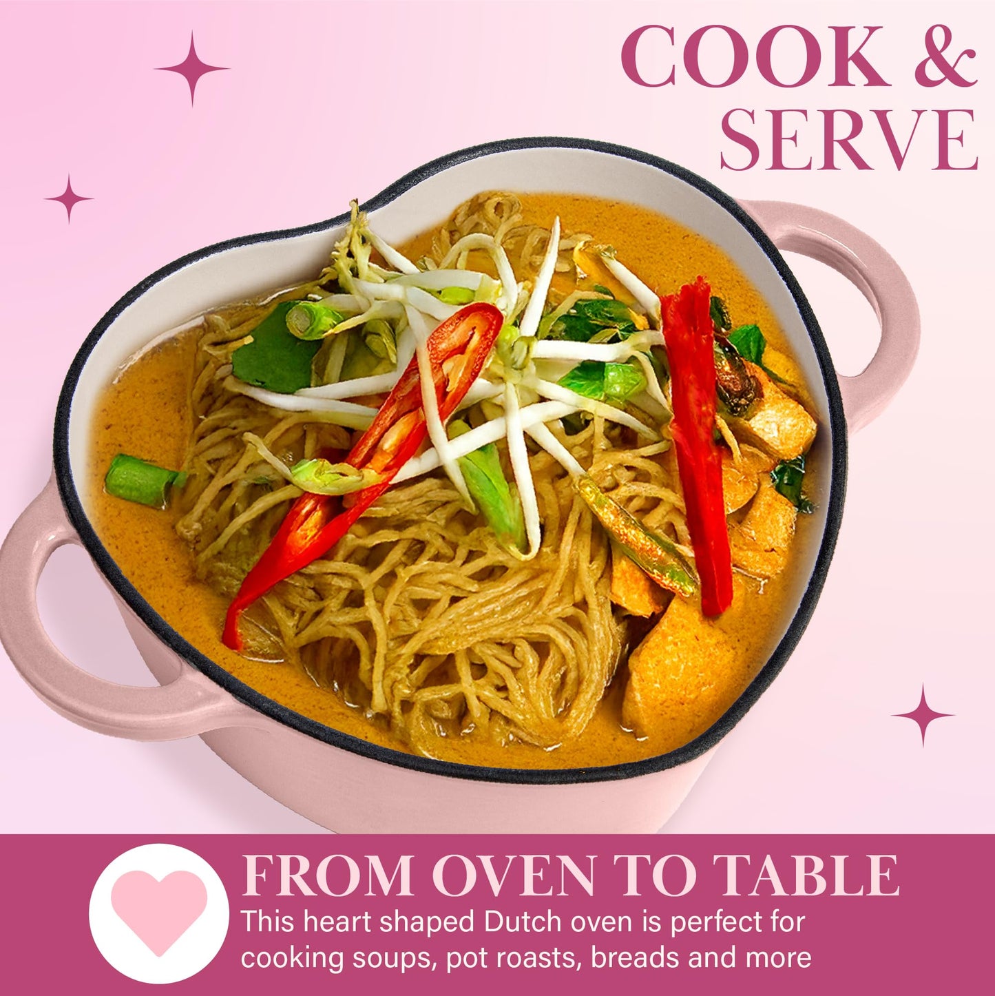 Paris Hilton Enameled Cast Iron Dutch Oven Heart-Shaped Pot with Lid, Dual Handles, Works on All Stovetops, Oven Safe to 500°F, 4-Quart, Pink