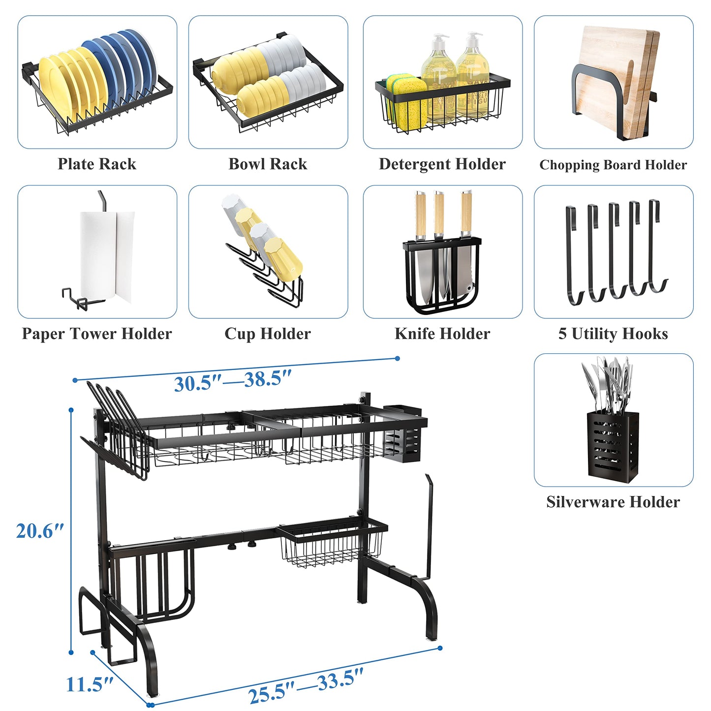 Over The Sink Dish Drying Rack, Adjustable (25.5 to 33.5 inch) 2 Tier Metal Steel Dish Drying Racks for Kitchen Counter with Hooks Paper Towel Utensil Cup Holder Sink Caddy (Black)