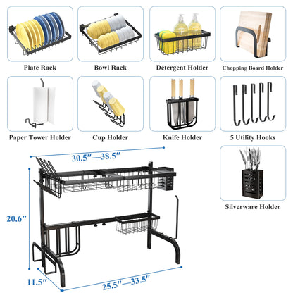 Over The Sink Dish Drying Rack, Adjustable (25.5 to 33.5 inch) 2 Tier Metal Steel Dish Drying Racks for Kitchen Counter with Hooks Paper Towel Utensil Cup Holder Sink Caddy (Black)