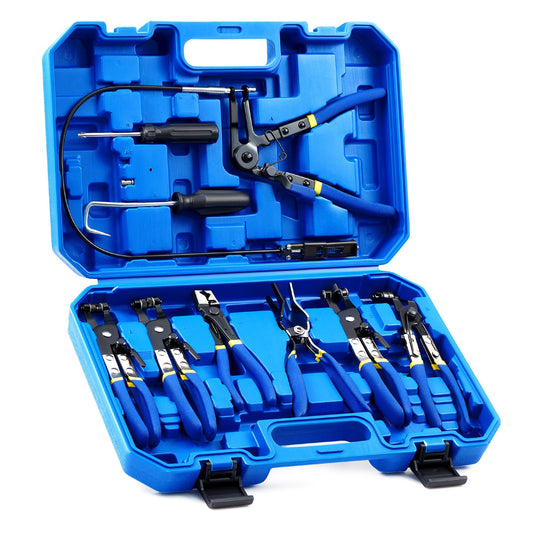 Orion Motor Tech 9pcs Hose Clamp Pliers for Fuel Oil & Water Hoses, Automotive Long Reach Hose Clamp Remover Kit with Flexible Wire Clic R Type Swivel Jaw Flat Band Pliers Case, Blue