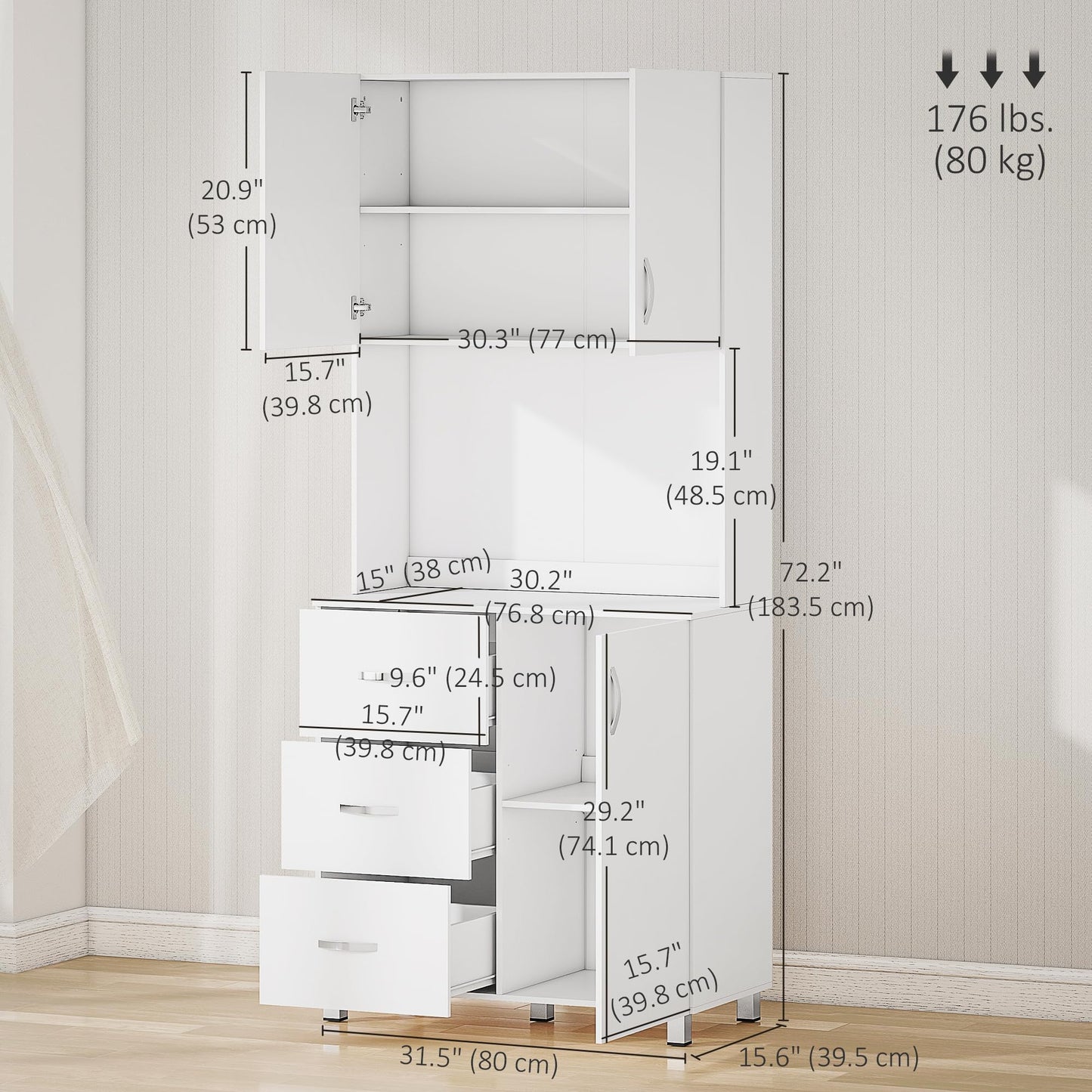 HOMCOM Freestanding Kitchen Pantry, Buffet with Hutch Storage Organizer with 2 Door Cabinets, 3 Drawers and Open Countertop, Adjustable Shelf, White