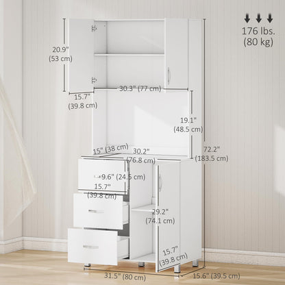 HOMCOM Freestanding Kitchen Pantry, Buffet with Hutch Storage Organizer with 2 Door Cabinets, 3 Drawers and Open Countertop, Adjustable Shelf, White
