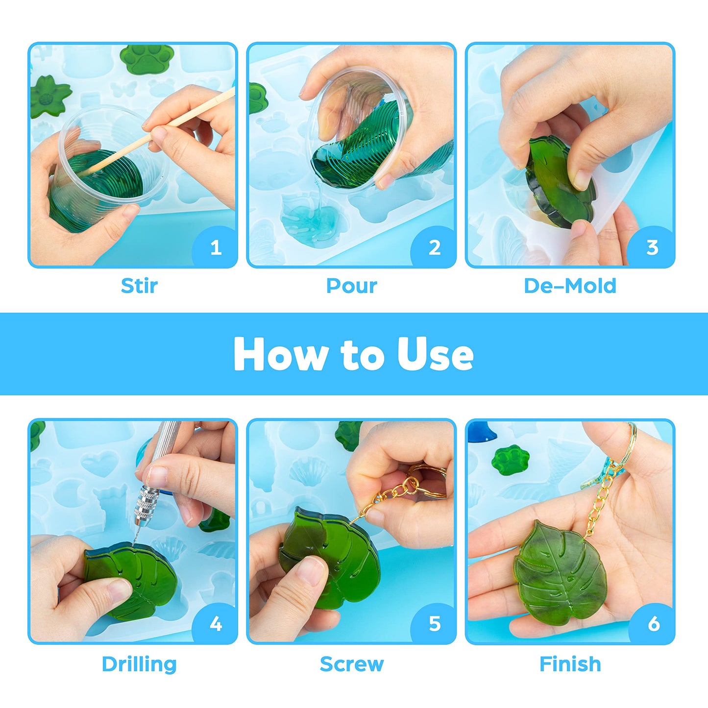 Mocoosy 182Pcs Resin Molds Silicone Kit for Keychains, 32 Cavities Silicone Molds for Epoxy Resin Casting, Variety Shaped Resin Key Chain Molds Making Set DIY Ornaments Crafts Supplies