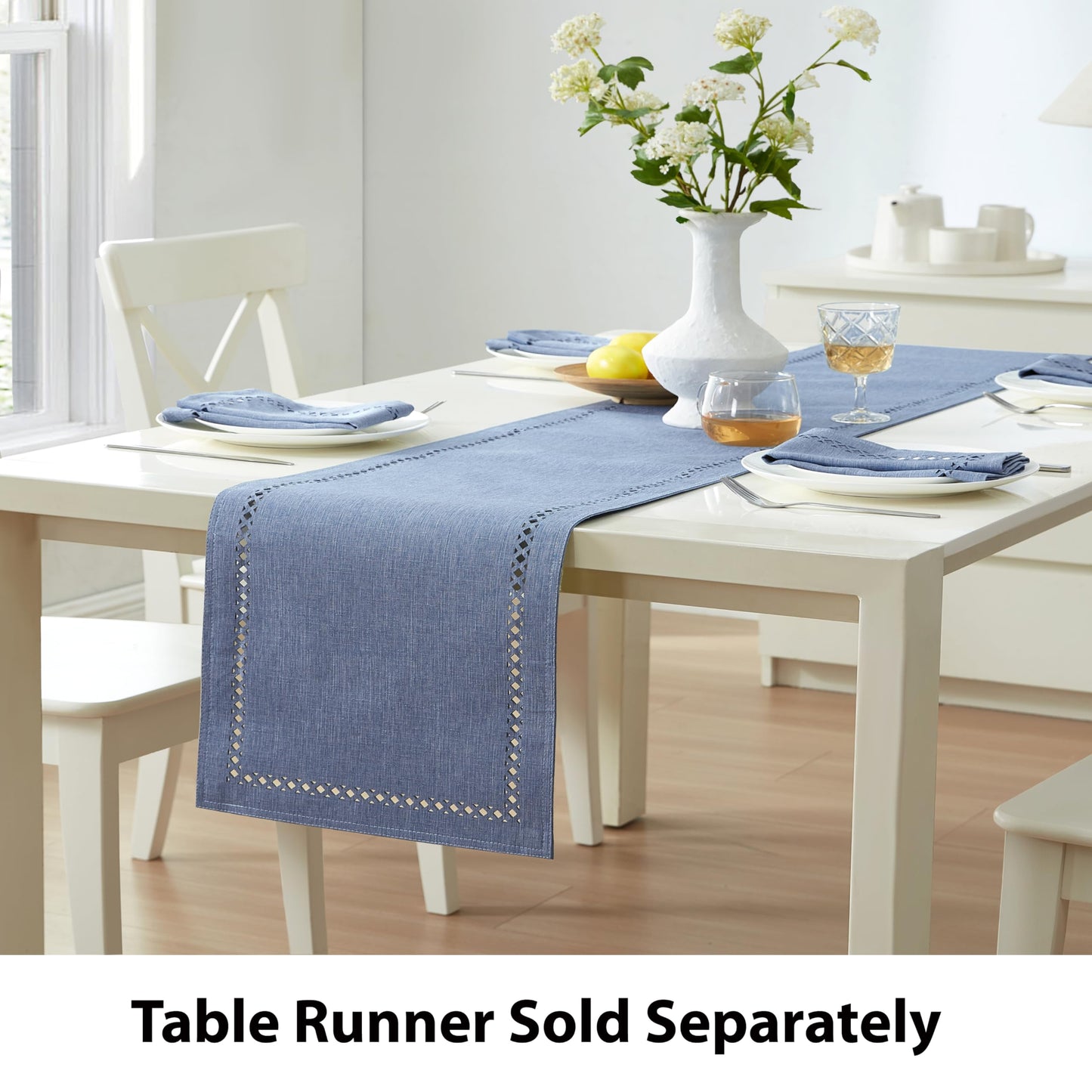 Newbridge Rectangle Fabric Placemats, Set of 4 Placemats, Provence Lattice Cutwork Solid Color Textured, Water and Stain Resistant Easy Care, Wedgewood Blue