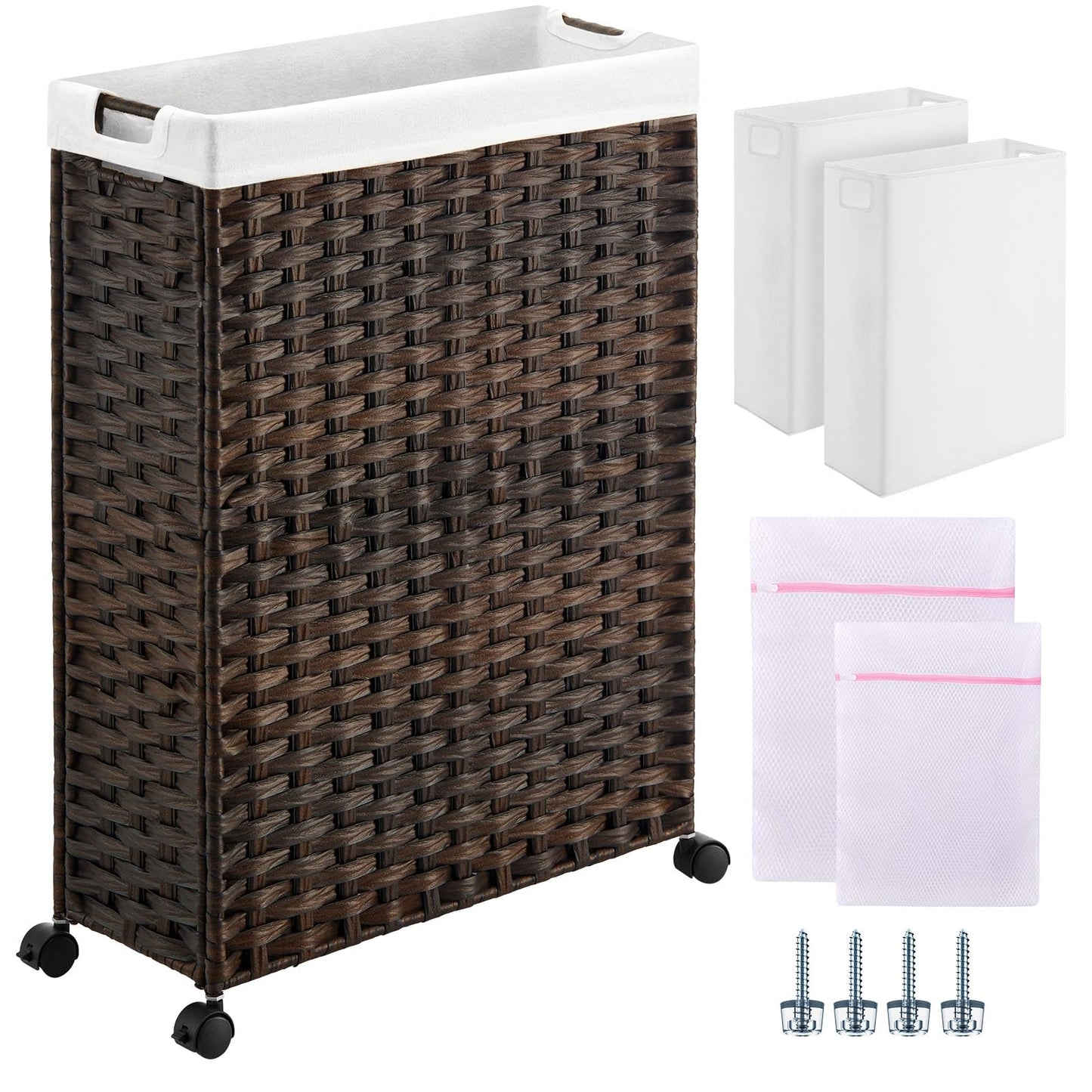 Greenstell Laundry Hamper with Wheels, 17.4 Gallon (66L) Slim Laundry Basket with 2 Removable Liner Bags & 2 Mesh Bags, Narrow Rattan Clothes Hamper for Bedroom, Laundry Room, Bathroom, Brown