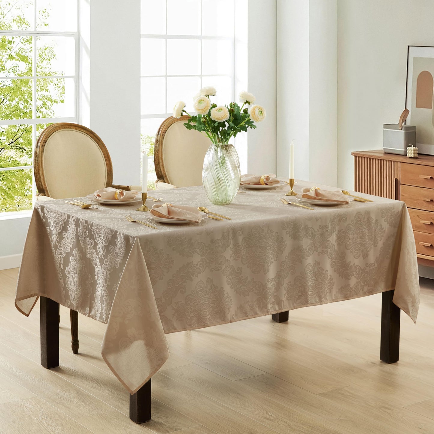 Newbridge Barcelona Luxury Damask Fabric Tablecloth, 70” Extra Wide x 90” Rectangle, Golden Beige, 100% Polyester, No Iron, Soil Resistant Dining Room, Party and Banquet Table Cover