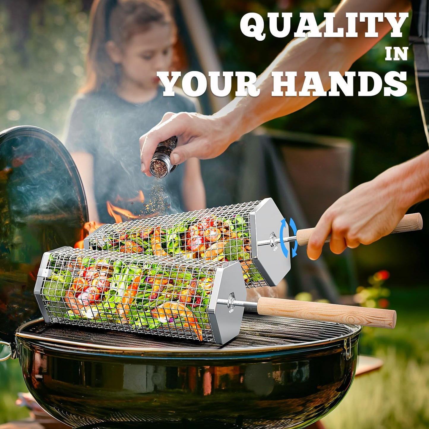 ivtivfu Rolling Grill Baskets (Hexagon), Removable Wooden Handle, 304 Stainless Steel, Nesting Grilling Net, BBQ Accessories Tools for Vegetables Shrimp, Outdoor Cooking Camping, Birthday Gifts for Men Dad Husband