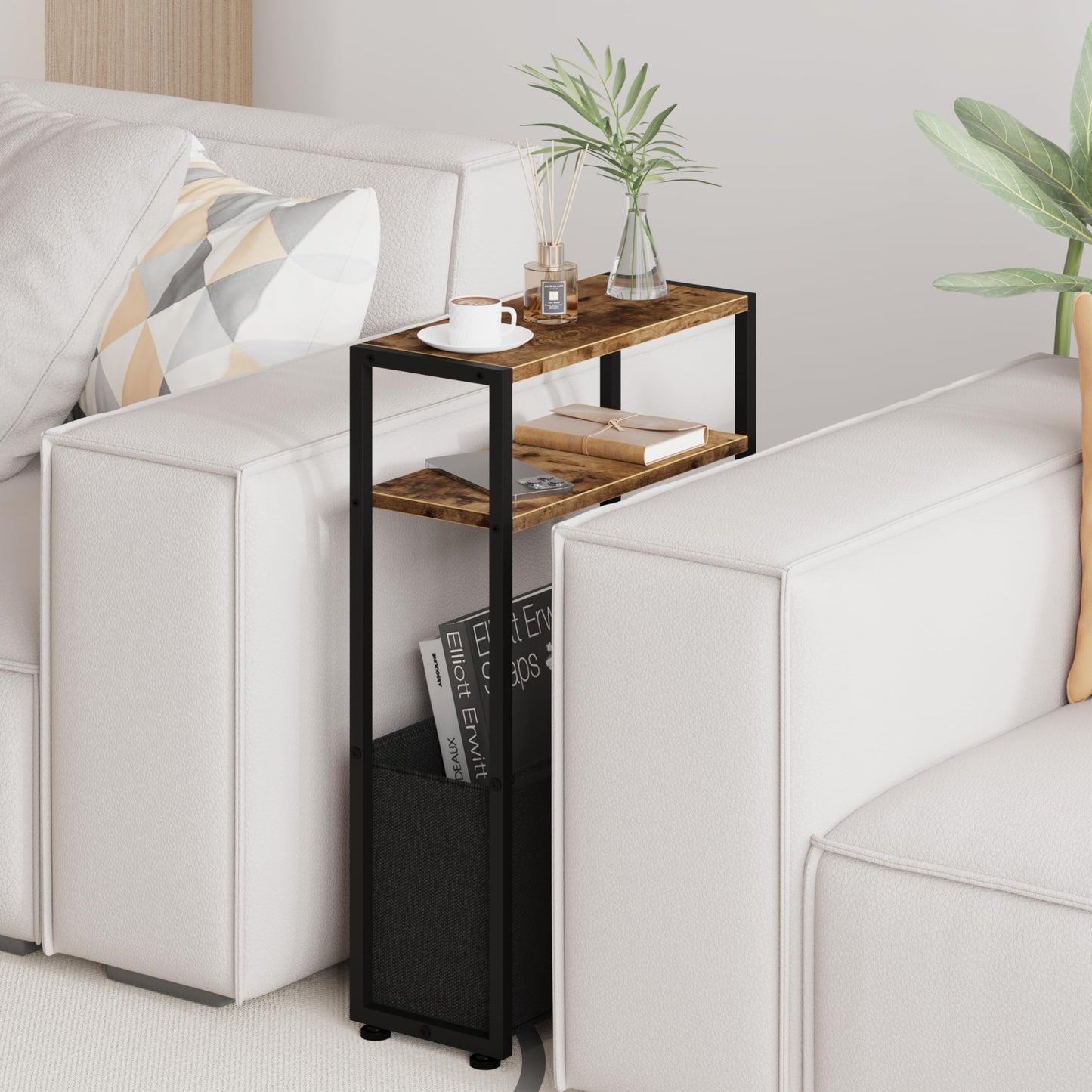 Leomonio Narrow Side Table, Slim End Tables with Fabric Basket, Skinny Table for Small Spaces, Thin Bedside Table for Living Room, Bedroom