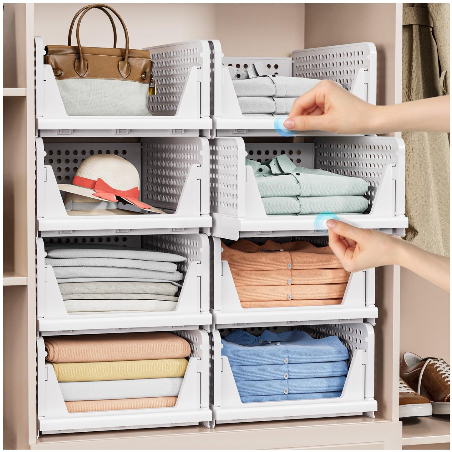 5 Pack Stackable Closet Storage Basket - Stackable Storage Bins, Multifunctional & Foldable Closet Organizer, Wardrobe Cupboard Space-Saving Hat Storage Drawer Organizer, White