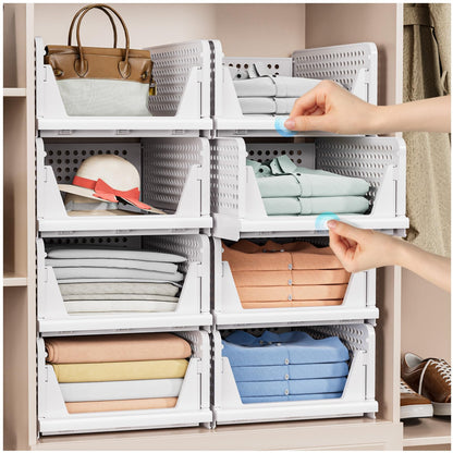 5 Pack Stackable Closet Storage Basket - Stackable Storage Bins, Multifunctional & Foldable Closet Organizer, Wardrobe Cupboard Space-Saving Hat Storage Drawer Organizer, White