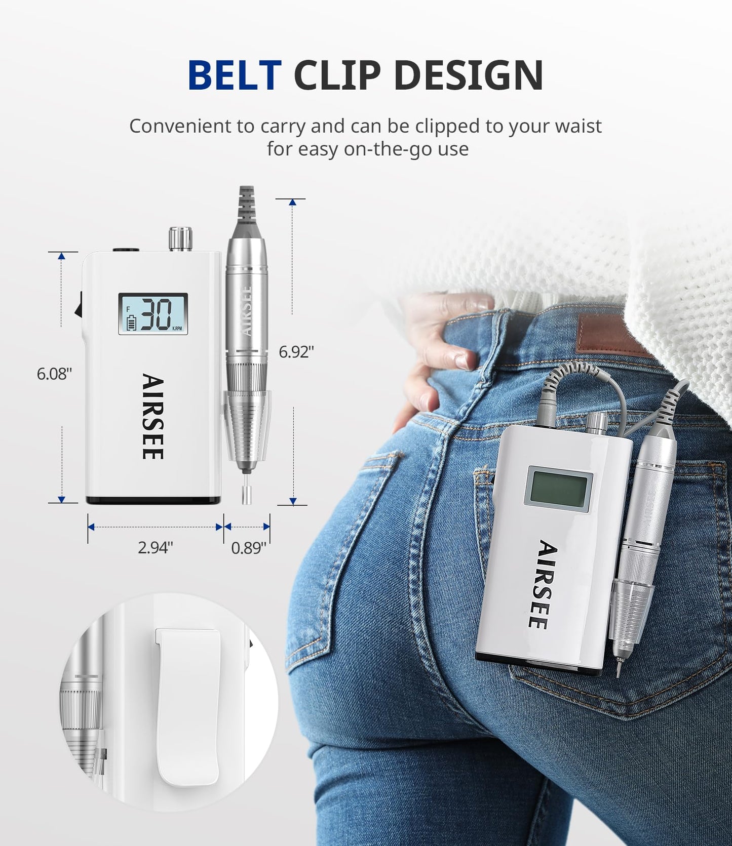 AIRSEE Rechargeable 30000RPM Electric Nail Drill Professional Portable E File Machine for Acrylic Nail Natural Extension Gel Nails Polish Cuticle, Cordless High Speed for Salon Home Use E8 White