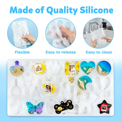 Mocoosy 182Pcs Resin Molds Silicone Kit for Keychains, 32 Cavities Silicone Molds for Epoxy Resin Casting, Variety Shaped Resin Key Chain Molds Making Set DIY Ornaments Crafts Supplies