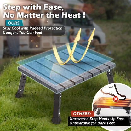 Marudina Large Platform RV Step with Cloth Cover and Anti-Slip Surface, 3-Level Adjustable Height, Light Aluminum Folding Step Stool, Supports Up to 1,000 lb - Ideal for RV and Multi-Use Scenarios