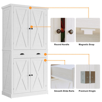 IRONCK Kitchen Pantry Storage Cabinet 72.6" H, with Barn Doors, Drawer, 4 Adjustable Shelves, Freestanding Cupboard, Laundry, White