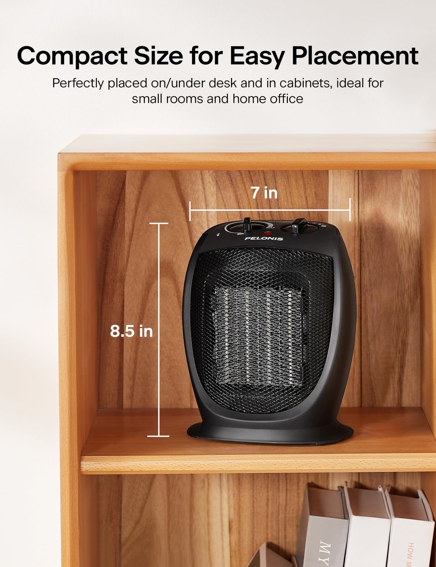 PELONIS PHTA1ABB Portable, 1500W/900W, Quiet Cooling & Heating Mode Space Heater for All Season, Tip Over & Overheat Protection,for Home, Office Personal Use, Black , 9inch