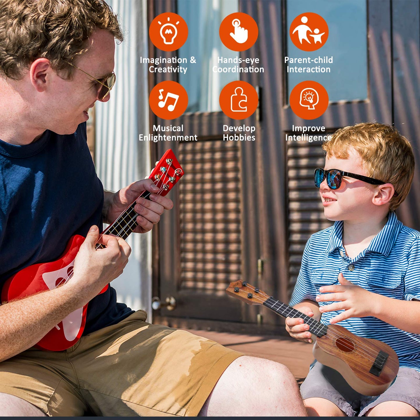 QDH Kids Toy Ukulele, Kids Guitar Musical Toy,17 Inch 4 Steel Strings, with Pick, Kids Play Early Educational Learning Musical Instrument Gift for Preschool Children, Ages 3-6(Wooden Color) (17inch)