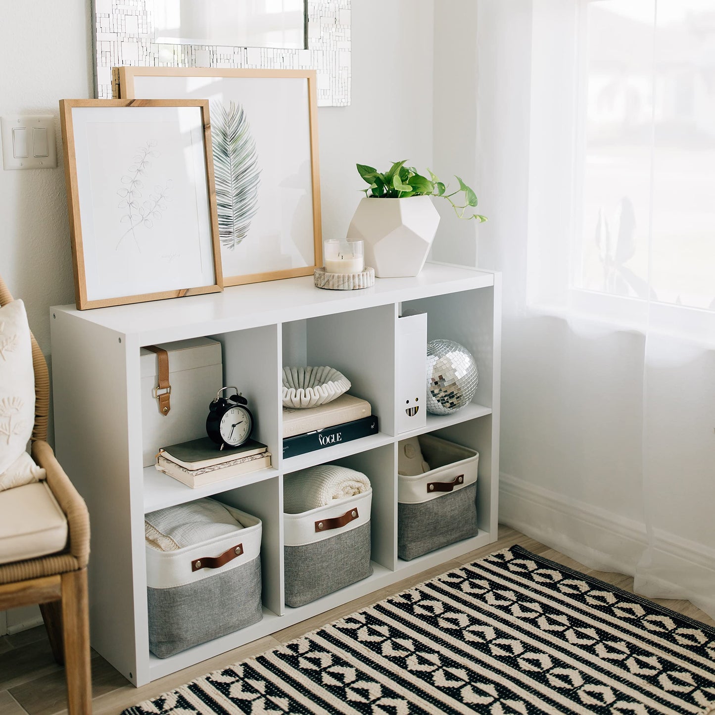 OrganiHaus Large Fabric Storage Baskets for Shelves 3 Pack, 15x11in Closet Storage Bins for Shelves, Cloth Baskets for Organizing, Linen Closet Organizers, Fabric Basket, Gray/White