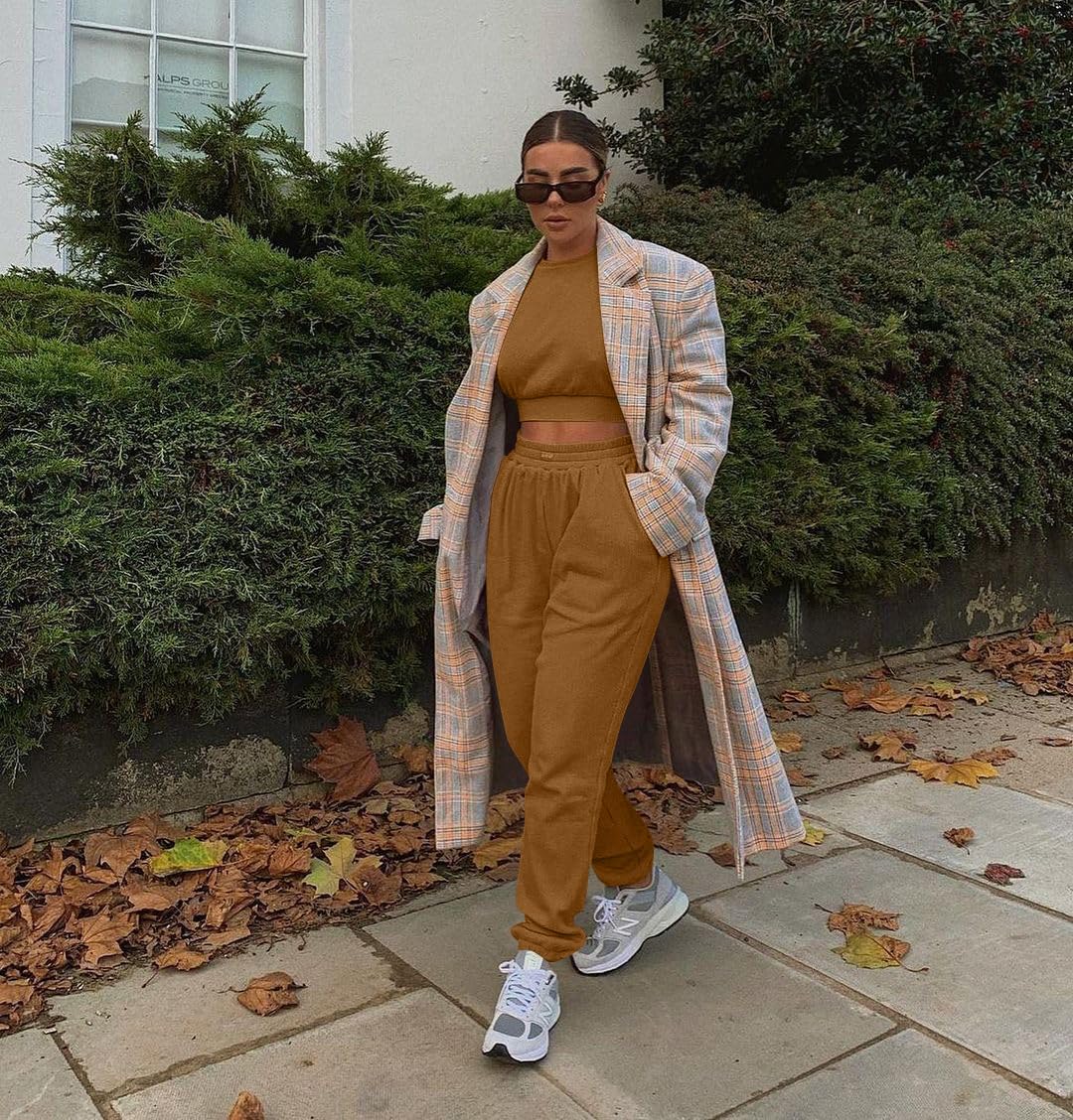 Mizoci Women's 2 Piece Outfits Lounge Jogger sets Long Sleeve Crop Top Pant Sweat Suit Tracksuit,Large,Coffee