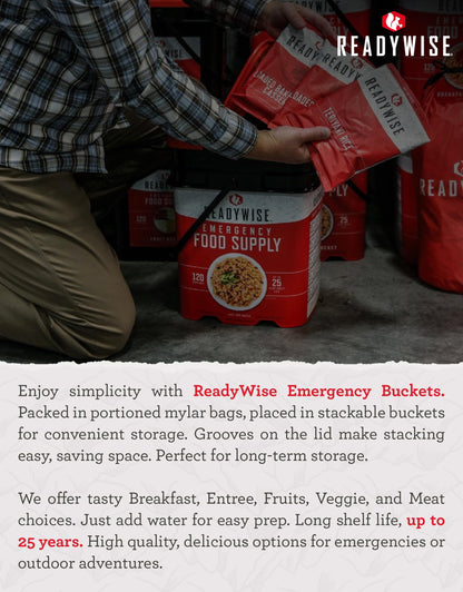 ReadyWise Emergency Food Supply - 120 Servings Fruit Bucket, Nutritious Meals, Dehydrated & Freeze Dried Food for Backpacking, Camping Essentials & Disaster Prepping Supplies, up to 25 Year Shelf Life