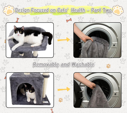 Hapineko 26.8" Small Cat Tree Tower,Cat Scratching Post for Indoor Cats,Featuring with Cat Cave & Cozy Perch,Cat Self Groomer and Interactive Dangling Ball Great for Kittens/Cats (Smoky Gray, Medium)