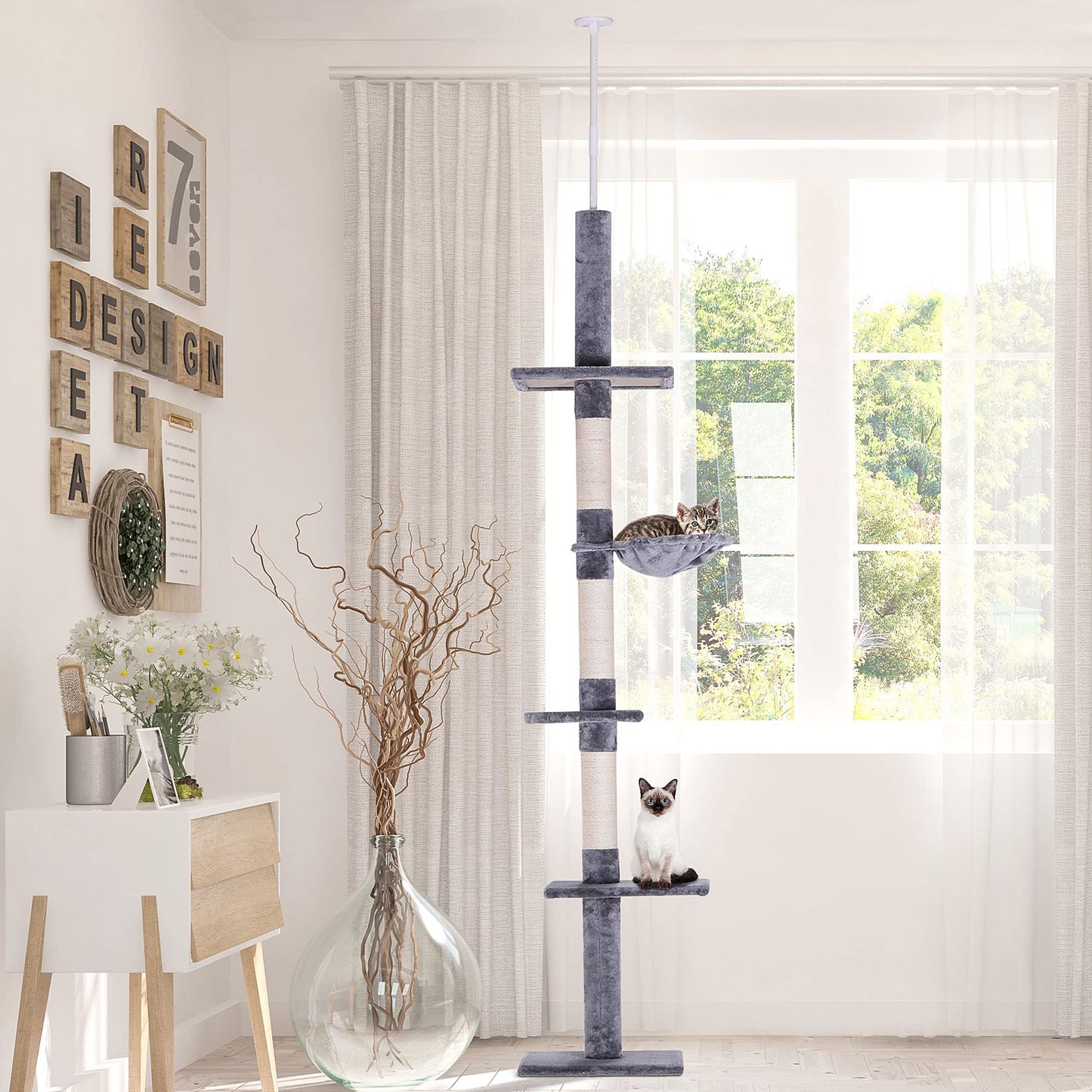PawHut 8.5' Adjustable Height Floor-to-Ceiling Vertical Cat Tree, 5 Level Cat Climbing Tower, Gray