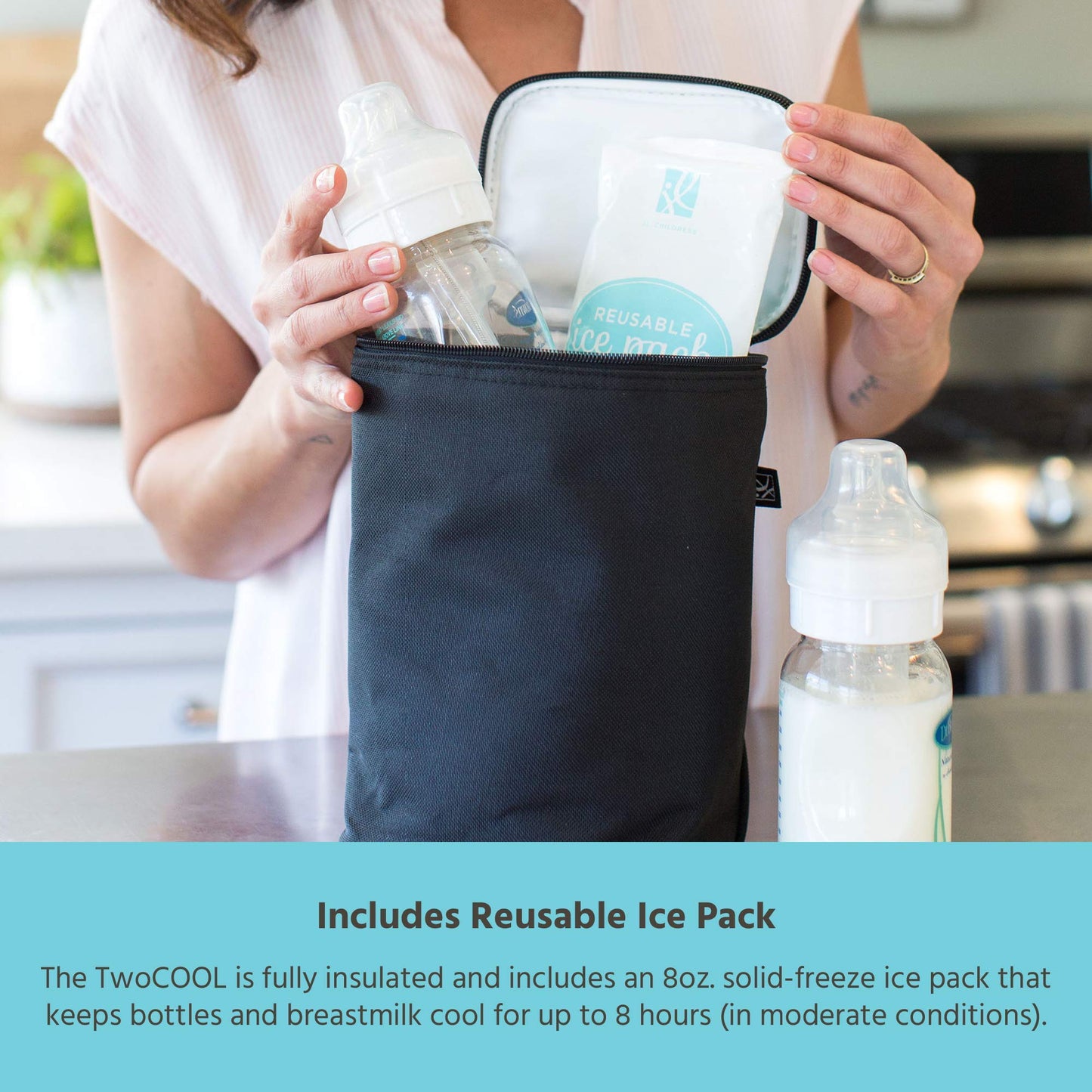 J.L. Childress TwoCOOL Breast Milk Cooler Travel Bag - Insulated Baby Bottle Storage Bag, Portable Organizer Pack for Breast Milk, Use for Daycare or On The Go, Fits 2-4 Bottles - Black