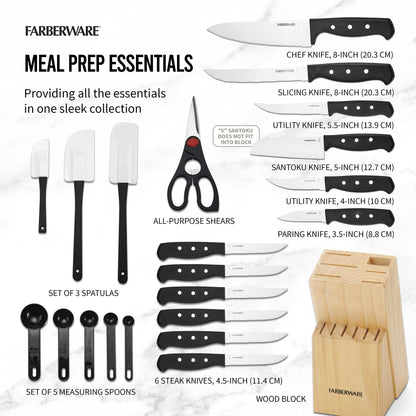 Farberware 22-Piece Never Needs Sharpening Triple Rivet High-Carbon Stainless Steel Knife Block and Kitchen Tool Set, Black, Durable ANDPrecision Cutlery