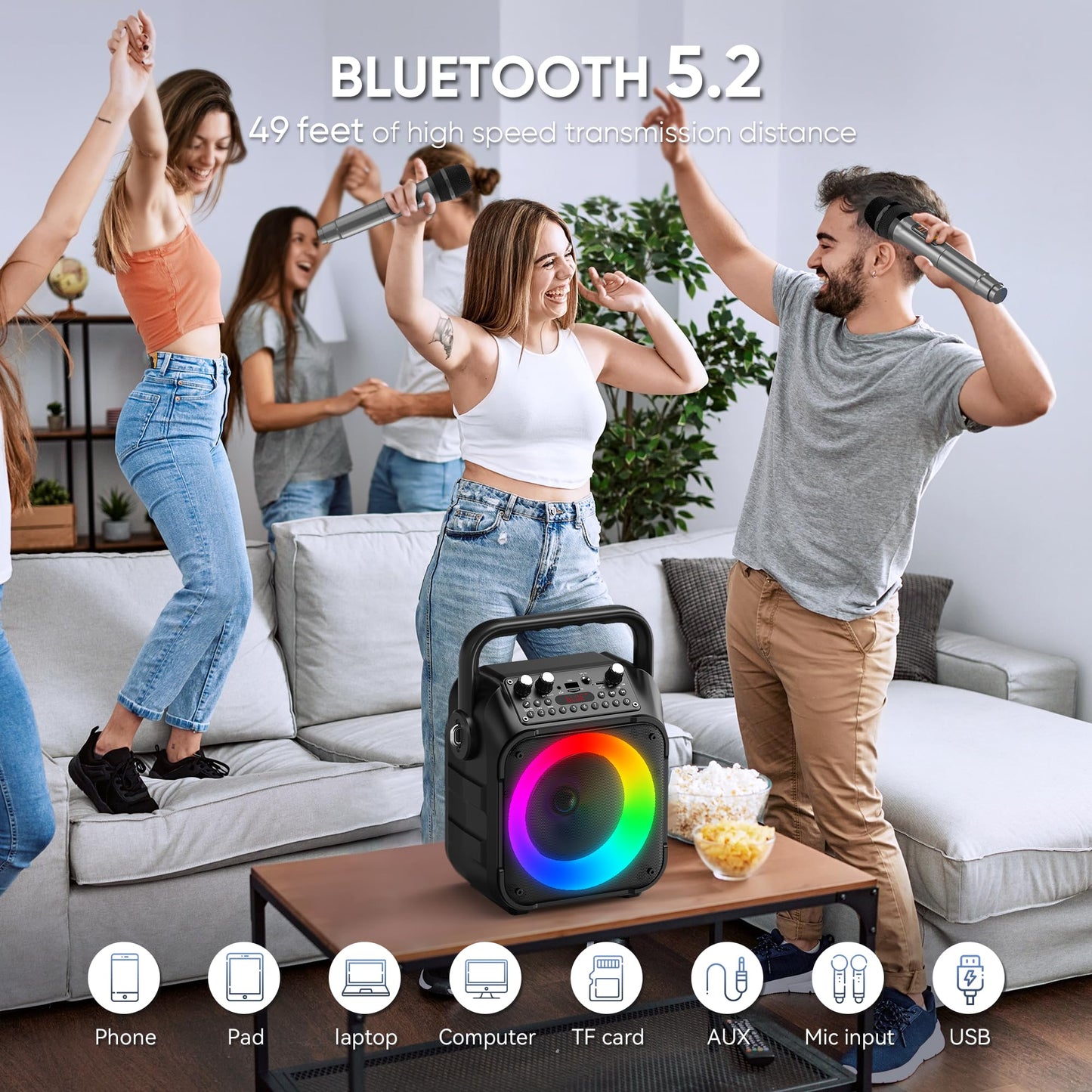 Karaoke Machine, Portable Bluetooth Speaker with 2 Wireless Microphones for Adults & Kids with Lights, Karaoke Microphone with PA System Supports USB/TF/REC/FM/AUX for Home Party Home System Packages