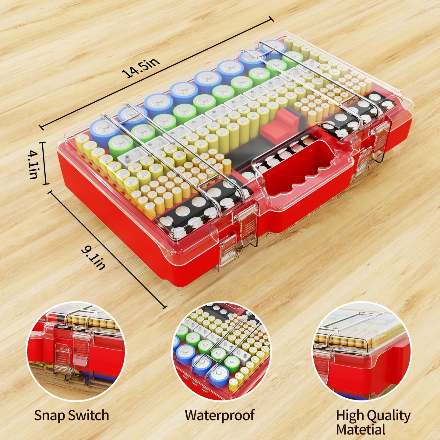 Narotood Battery Organizer Storage Holder Box Case with Tester, Ultra-Large 280+ Batteries Double-Sided Variety Pack,Holds AA AAA 4A C D Cell 9V 3V Lithium18650 LR44 CR2 CR123 CR1632 - Red