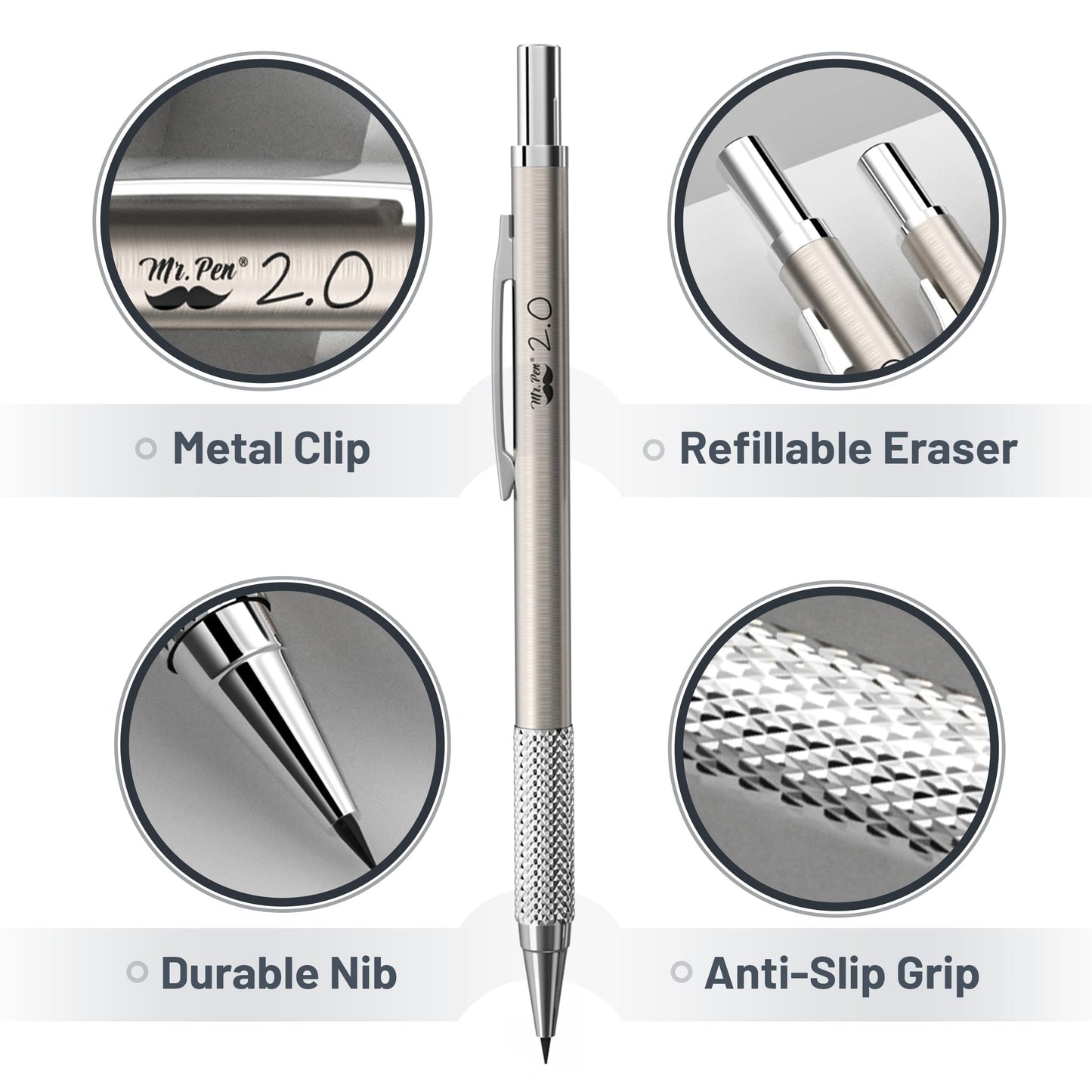 Mr. Pen- Metal Mechanical Pencil Set with Lead and Eraser Refills, 5 Sizes, 0.3, 0.5, 0.7, 0.9, 2mm, Drafting, Sketching, Architecture, Drawing Metal Mechanical Pencils
