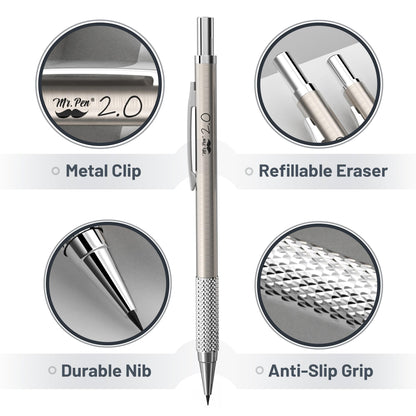Mr. Pen- Metal Mechanical Pencil Set with Lead and Eraser Refills, 5 Sizes, 0.3, 0.5, 0.7, 0.9, 2mm, Drafting, Sketching, Architecture, Drawing Metal Mechanical Pencils