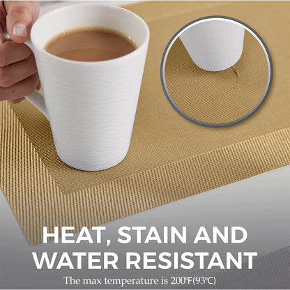 More Décor Dining Table Placemats, Washable Heat-Resistant PVC Vinyl Table Mats for Dining Room and Kitchen, Anti-Slip - Set of 4 -Gold