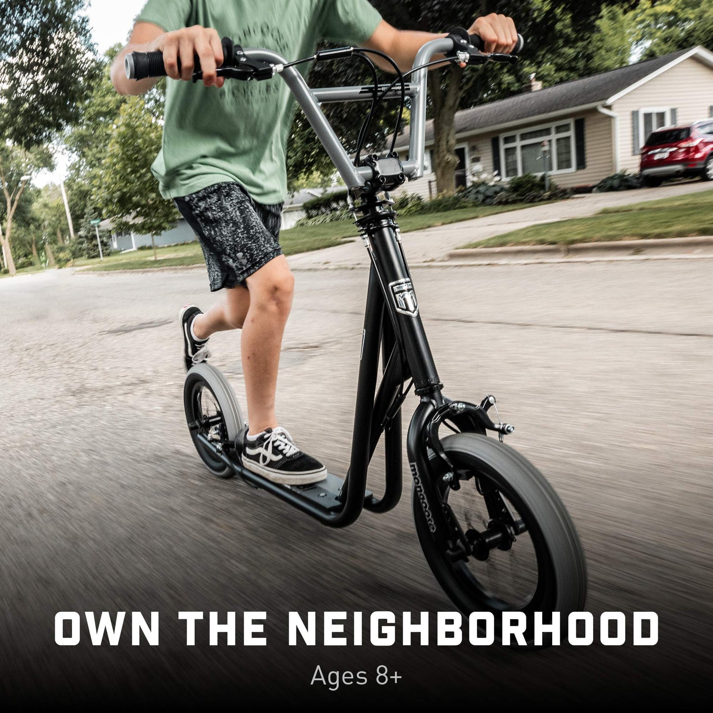 Mongoose Trace Air Non-Electric Scooter for Youth Boys Girls Age 8+ Year Old, Max Weight 220 lbs., 12-Inch Air Tires, BMX-Style Handlebar, Wide Foot Deck, Black